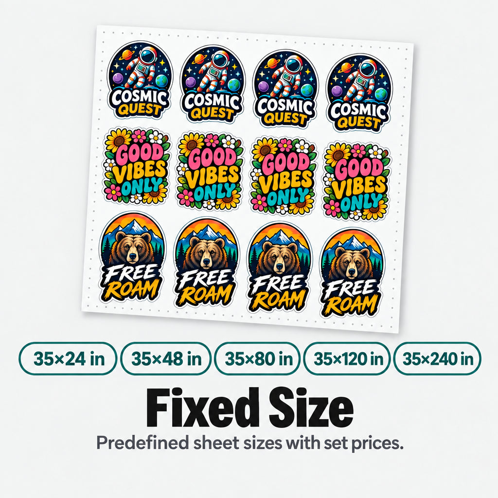 Fiex Size gang sheets 35x24, 35x48, 35x80, 35x120, 35x240